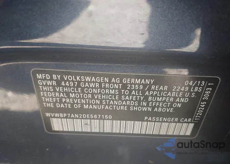 2013 Volkswagen Cc 2.0T Sport from USA, damaged, VIN WVWBP7AN2DE567150